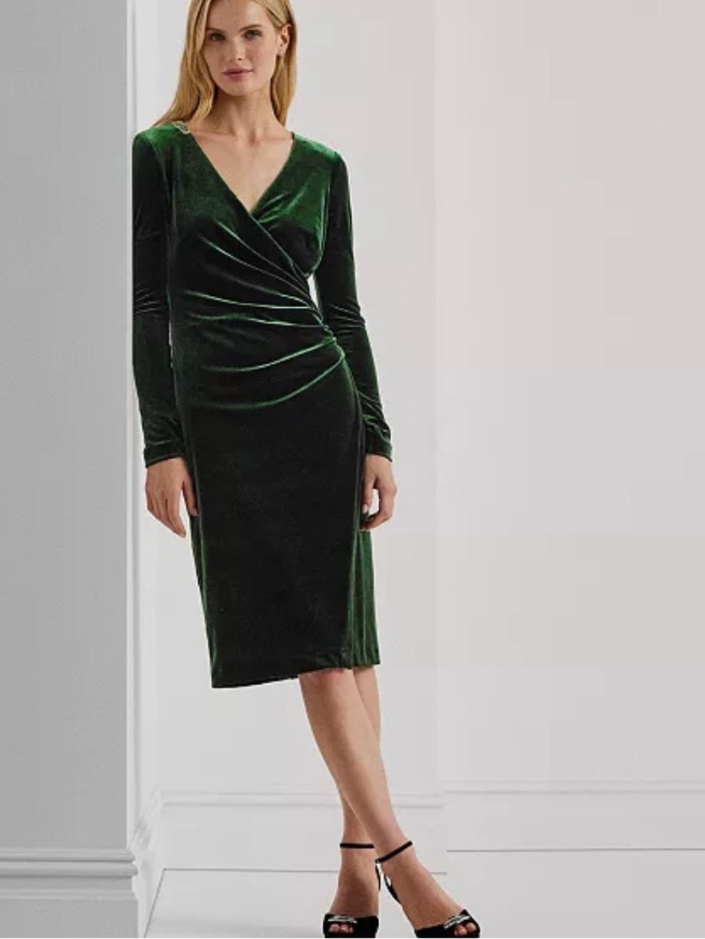 Ralph Lauren | Velvet Surplice Dress, Dark Green Wrap-Style Long Sleeve - EUC